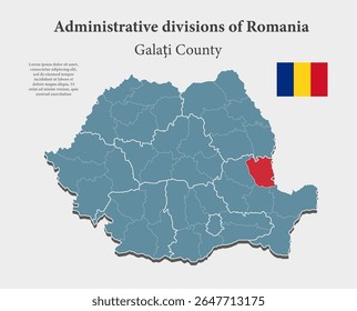 Mapa detalhado de vetor azul da Romênia dividido em regiões - Galati County. Mapa de modelo para plano de fundo, padrão, relatório, infográfico. Parte administrativa do país Europa Romênia dividida por regiões