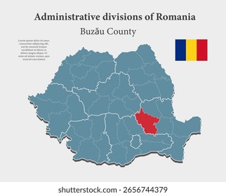 Detailed vector blue map of Romania divided on regions - Buzau County. Template map for background, pattern, report, infographic. Administrative part of Europe country Romania divided on regions