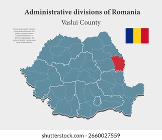 Mapa azul detallado del Vector de Rumania dividido por regiones - Vaslui County. Mapa de Plantilla para el fondo, patrón, informe, infografía. Parte administrativa de Europa país Rumania dividido en regiones