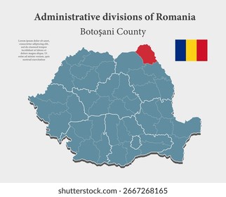 Mapa azul detallado del Vector de Rumania dividido por regiones - Botosani County. Mapa de Plantilla para el fondo, patrón, informe, infografía. Parte administrativa de Europa país Rumania dividido en regiones
