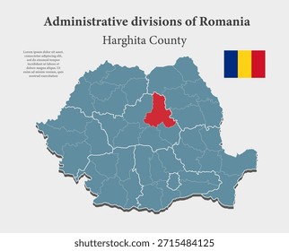 Detaillierte, blaue Landkarte von Rumänien, aufgeteilt auf die Regionen - Harghita County. Vorlagenübersicht für Hintergrund, Muster, Bericht, Infografik. Verwaltungsbezirk Europa Land Rumänien aufgeteilt auf Regionen