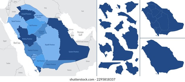 Detailed, vector, blue map of Saudi Arabia with administrative divisions country