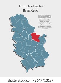 Detailed vector blue map of Serbia divide on regions - Branicevo District. Template map for background, pattern, report, infographic. Administrative part of Europe country Serbia divided on regions