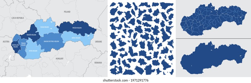Detailed, vector, blue map of Slovakia with administrative divisions country
