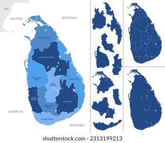 Mapa azul vectorial detallado de Sri Lanka con divisiones administrativas país