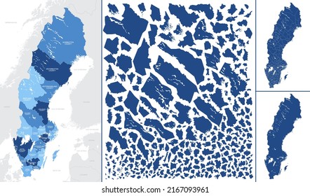 Detailed vector blue map of Sweden with administrative divisions into Regions and Municipalities of the country