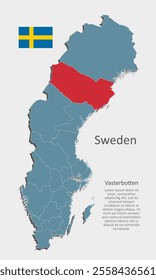 Detailed vector blue map Sweden divide on regions, Vasterbotten. Template map background, pattern, report, infographic. Administrative part of Europe country Sweden divided on regions