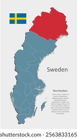 Detailed vector blue map Sweden divide on regions, Norrbotten. Template map background, pattern, report, infographic. Administrative part of Europe country Sweden divided on regions