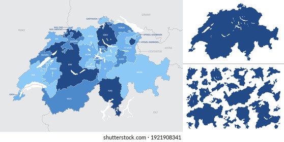 Detailed, vector, blue map of Switzerland with administrative divisions into regions country