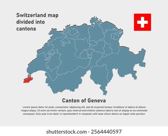 Detailed vector blue map Switzerland divide into cantons - Canton of Geneva. Template map for background, pattern, infographic. Administrative part of Europe country Switzerland divided on regions