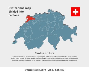 Detailed vector blue map Switzerland divide into cantons - Canton of Jura. Template map for background, pattern, infographic. Administrative part of Europe country Switzerland divided on regions