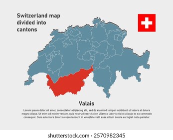 Detailed vector blue map Switzerland divide into cantons - Canton of Valais. Template map for background, pattern, infographic. Administrative part of Europe country Switzerland divided on regions