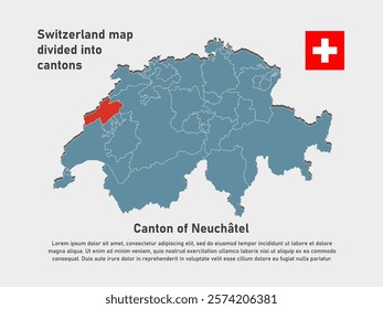 Detailed vector blue map Switzerland divide into cantons - Canton of Neuchatel. Template map for background, pattern, infographic. Administrative part of Europe country Switzerland divided on regions