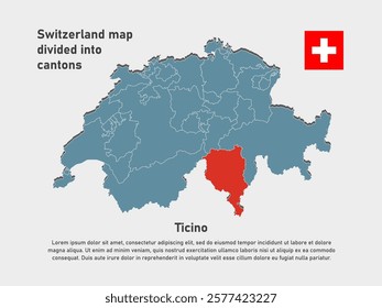 Detailed vector blue map Switzerland divide into cantons - Canton of Ticino. Template map for background, pattern, infographic. Administrative part of Europe country Switzerland divided on regions