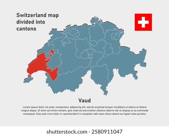 Detailed vector blue map Switzerland divide into cantons - Canton of Vaud. Template map for background, pattern, infographic. Administrative part of Europe country Switzerland divided on regions