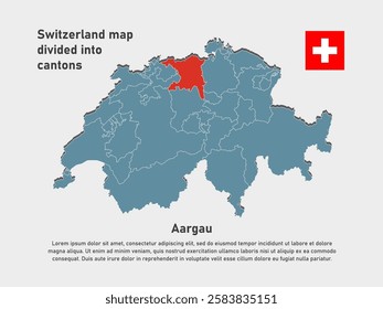 Detailed vector blue map Switzerland divide into cantons - Canton of Aargau. Template map for background, pattern, infographic. Administrative part of Europe country Switzerland divided on regions