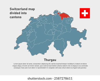 Detailed vector blue map Switzerland divide into cantons - Canton of Thurgau. Template map for background, pattern, infographic. Administrative part of Europe country Switzerland divided on regions