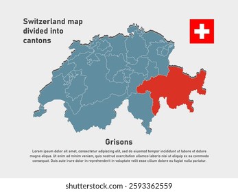 Detailed vector blue map Switzerland divide into cantons - Canton of Grisons. Template map for background, pattern, infographic. Administrative part of Europe country Switzerland divided on regions