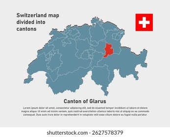 Detailed vector blue map Switzerland divide into cantons - Canton of Glarus. Template map for background, pattern infographic. Administrative part of Europe country divided on regions Switzerland