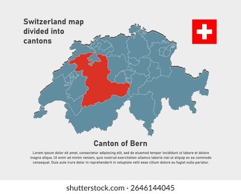 Mapa detalhado de vetor azul Suíça divide-se em cantões - Cantão de Berna. Mapa de modelo para plano de fundo, infográfico de padrão. Parte administrativa do país da Europa dividida pelas regiões Suíça