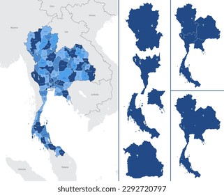 Detailed, vector, blue map of Thailand with administrative divisions country