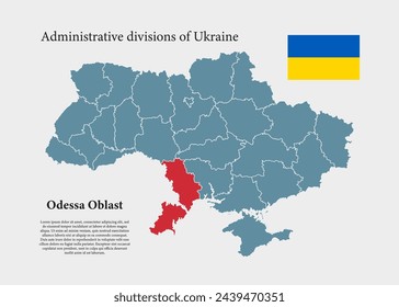Detailed vector blue map Ukraine - Odesa oblast. Template map for background, pattern, report, infographic. Administrative part of Europe country Ukraine divided on regions