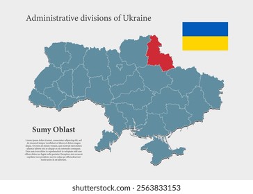 Detailed vector blue map Ukraine divide on regions - Sumy Oblast. Template map background, pattern, report, infographic. Administrative part of Europe country Ukraine divided on regions