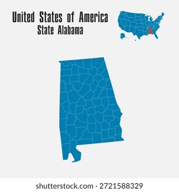 Mapa azul detallado del Vector de Estados Unidos de América dividido por regiones - Estado de Alabama. Mapa de Plantilla para el fondo, patrón, infografía. Parte administrativa de un país americano dividido en estados