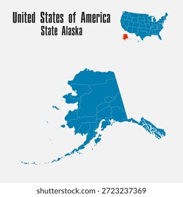 Mapa azul detallado del Vector de los Estados Unidos de América dividido en regiones - Estado de Alaska. Mapa de Plantilla para el fondo, patrón, infografía. Parte administrativa de un país americano dividido en estados