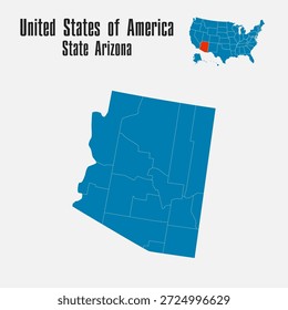 Mapa azul detallado del Vector de los Estados Unidos de América dividido en regiones, Estado de Arizona. Mapa de Plantilla para el fondo, patrón, infografía. Parte administrativa de un país americano dividido en estados