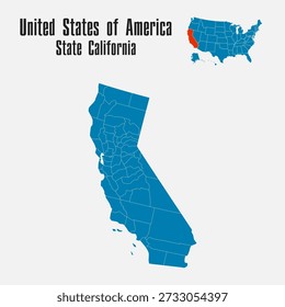 Mapa azul de Vector detallado de Estados Unidos dividido en regiones - Estado de California. Mapa de Plantilla para el fondo, patrón, infografía. Parte administrativa del país americano dividido en estados