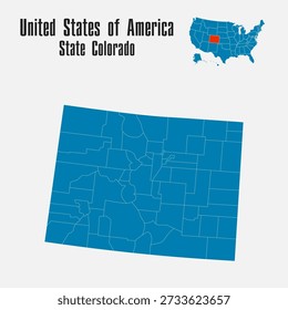 Mapa azul de Vector detallado de Estados Unidos dividido por regiones - Estado de Colorado. Mapa de Plantilla para el fondo, patrón, infografía. Parte administrativa del país americano dividido en estados