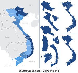 Detailed vector blue map of Vietnam with administrative divisions into regions and Provinces of the country