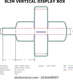 Detailed vector blueprint of a slim vertical display box design with dimensions and outlines