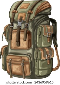 Detailed vector of a camouflaged outdoor backpack.