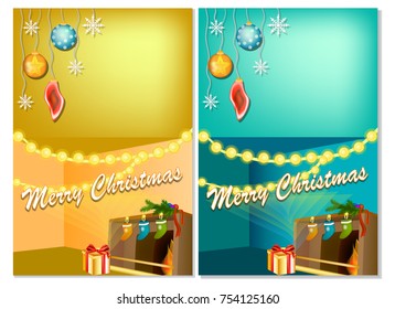 Detailed vector card for your greeting text/ Christmas cartoon home interior with hot fireplace