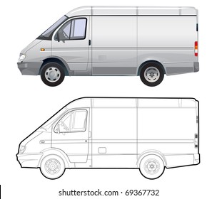 detailed vector cargo minibus isolated on white background with technical drawing