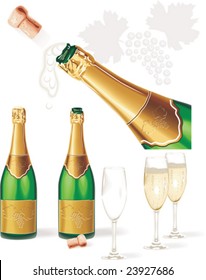 Detailed vector. Champagne bottle, glasses, cork