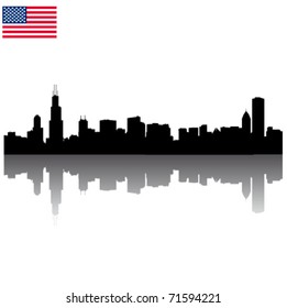 Detailed vector Chicago silhouette skyline with USA flag