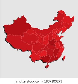 Detailed vector China country outline border map divided on region isolated on background. State template asian for pattern, report, infographic, backdrop. Asia nation business silhouette sign concept