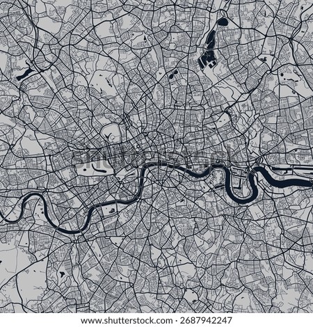 Detailed vector city map of London, UK. Minimalist street plan showing the River Thames and road network in a modern, dark blue monochrome style. Abstract cartography for posters or backgrounds