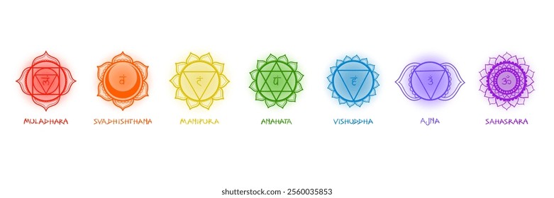 Detailed vector collection of artistically drawn 7 chakras symbols, its names in Sanskrit, and corresponding colors. All editable and set on transparent background for creative spiritual designs.