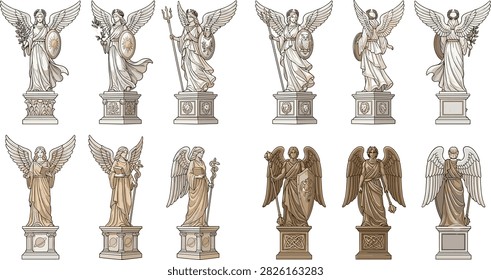A detailed vector collection of classical winged angel statues inspired by ancient sculptural traditions and symbolic guardians. Suitable for historical illustrations, architectural concepts, religious themes, educational resources, and decorative design projects.