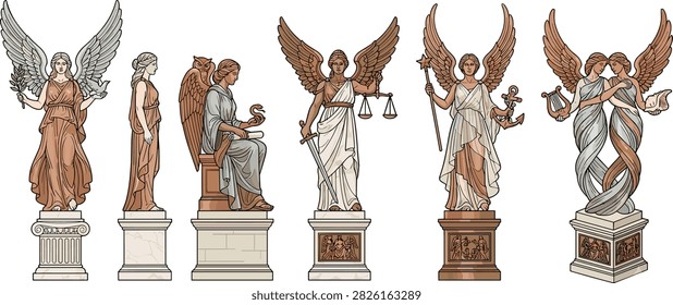 A detailed vector collection of classical winged angel and mythological statues inspired by ancient sculpture and symbolic art. Ideal for historical themes, educational materials, decorative projects, editorial illustrations, and cultural design concepts.