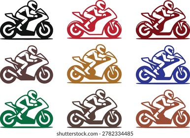 Detailed vector collection featuring 9 sport motorcycle riders in black, red, maroon, brown, gold, blue, green, dark brown, and copper. Aggressive racing posture with full fairing, helmet, and ground shadow for dynamic motion. Clean bold style perfect for MotoGP branding, racing teams, sport bike shops, delivery apps, motorcycle insurance, traffic safety, and motorsports marketing. Color variations ideal for team coding, fleet management, brand matching, and manufacturer themes. Single color format works for vinyl decals, laser engraving, screen printing, apparel, and vehicle wraps. Scales perfectly from app icon to billboard without losing detail.