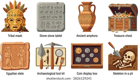 A detailed vector collection featuring ancient archaeological artifacts including Egyptian relics, amphora, treasure chest, stone tablets, excavation tools, coins, and historical discoveries. Perfect for museum materials, history education, archaeology projects, cultural heritage, and adventure-themed designs.