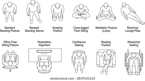 A detailed vector collection of human figures in top-down view, illustrating various standing, sitting, and working postures. This versatile black and white line art set is perfect for architectural floor plans, ergonomic studies, and interior space planning.A detailed vector collection of human figures in top-down view, illustrating various standing, sitting, and working postures. This versatile black and white line art set is perfect for architectural floor plans, ergonomic studies, and interior space planning.