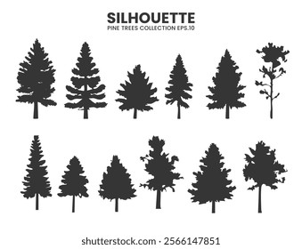 A detailed vector collection of pine tree silhouettes, perfect for wildlife and nature designs.