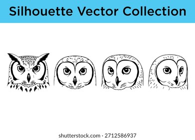 Colección de Vector detallada que muestra cuatro siluetas únicas de cabeza de búho, ideales para logotipos, íconos y Diseños gráficos temáticos de la naturaleza.