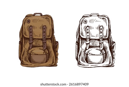 Detailed vector colored and black illustration of a vintage travel backpack with buckles and front pocket. Hand drawn in sketch style. Perfect for hiking, camping, school